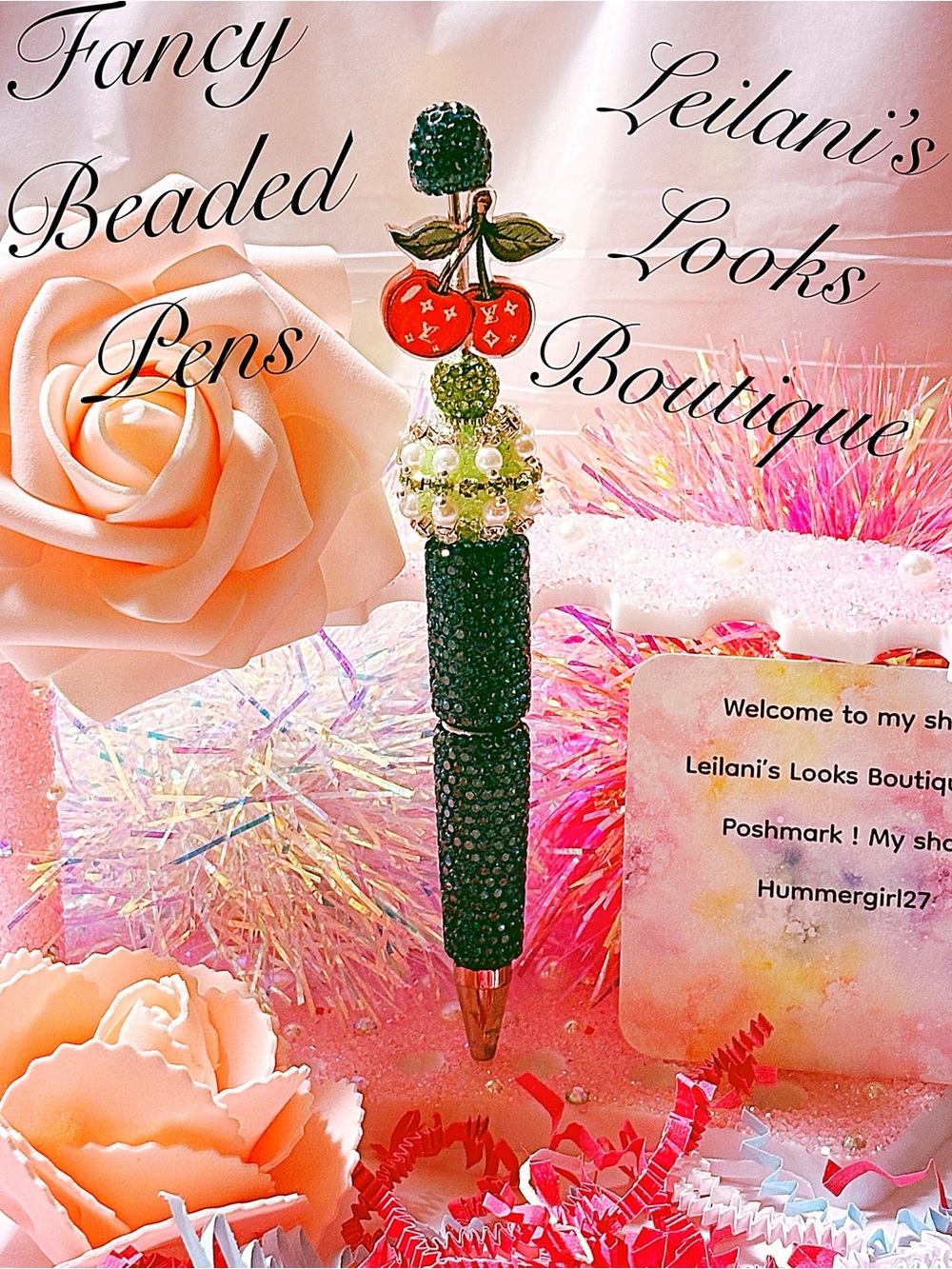 Green Beaded Cherry Pen/ Fancy beaded Pen/gifts/green flowers